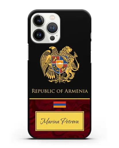 Чехол с гербом и флагом Республики Армения с именем, фамилией на английском языке, красный мрамор силиконовый для iPhone 13 Pro Max