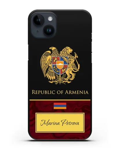 Чехол с гербом и флагом Республики Армения с именем, фамилией на английском языке, красный мрамор силиконовый для iPhone 14 Plus