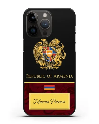 Чехол с гербом и флагом Республики Армения с именем, фамилией на английском языке, красный мрамор силиконовый для iPhone 14 Pro Max
