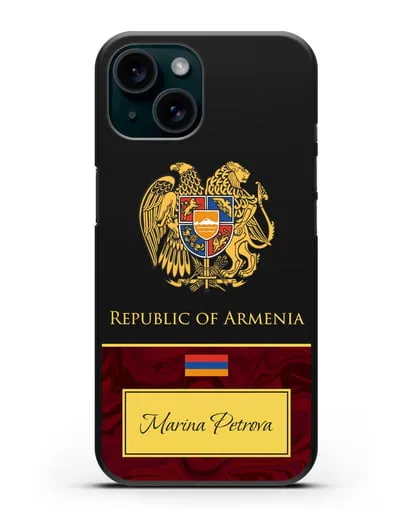 Чехол с гербом и флагом Республики Армения с именем, фамилией на английском языке, красный мрамор силиконовый для iPhone 15
