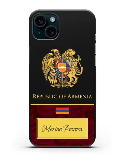 Чехол с гербом и флагом Республики Армения с именем, фамилией на английском языке, красный мрамор силиконовый для iPhone 15 Plus