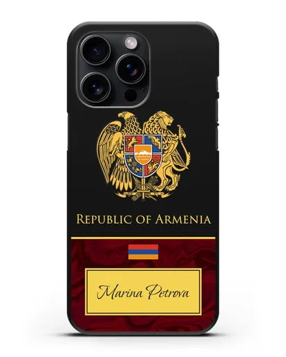 Чехол с гербом и флагом Республики Армения с именем, фамилией на английском языке, красный мрамор силиконовый для iPhone 15 Pro Max
