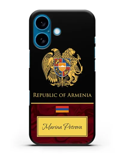 Чехол с гербом и флагом Республики Армения с именем, фамилией на английском языке, красный мрамор силиконовый для iPhone 16
