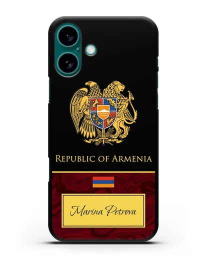 Чехол с гербом и флагом Республики Армения с именем, фамилией на английском языке, красный мрамор силиконовый для iPhone 16 Plus