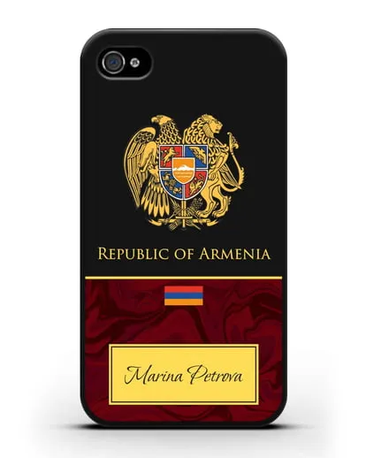 Чехол с гербом и флагом Республики Армения с именем, фамилией на английском языке, красный мрамор силиконовый для iPhone 4/4s