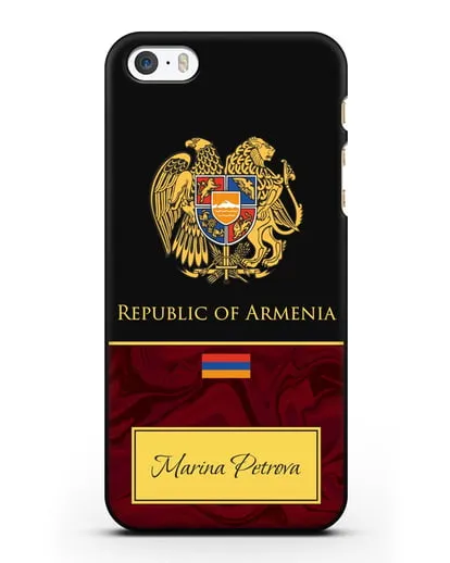 Чехол с гербом и флагом Республики Армения с именем, фамилией на английском языке, красный мрамор силиконовый для iPhone 5/5s/SE