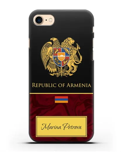 Чехол с гербом и флагом Республики Армения с именем, фамилией на английском языке, красный мрамор силиконовый для iPhone 8