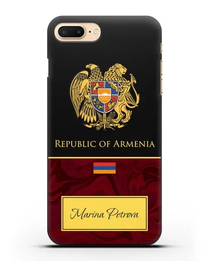 Чехол с гербом и флагом Республики Армения с именем, фамилией на английском языке, красный мрамор силиконовый для iPhone 7 Plus