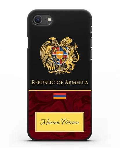 Чехол с гербом и флагом Республики Армения с именем, фамилией на английском языке, красный мрамор силиконовый для iPhone SE 2020