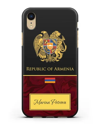 Чехол с гербом и флагом Республики Армения с именем, фамилией на английском языке, красный мрамор силиконовый для iPhone XR
