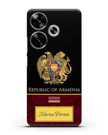 Чехол с гербом и флагом Республики Армения с именем, фамилией на английском языке, красный мрамор силиконовый для Xiaomi Poco F6