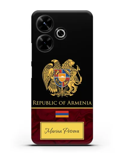 Чехол с гербом и флагом Республики Армения с именем, фамилией на английском языке, красный мрамор силиконовый для Xiaomi Poco M6