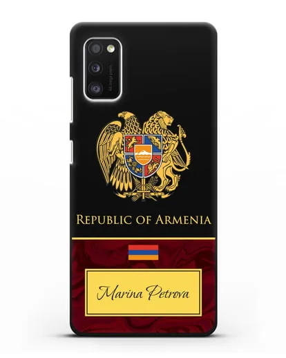 Чехол с гербом и флагом Республики Армения с именем, фамилией на английском языке, красный мрамор силиконовый для Samsung Galaxy A41 [SM-A415F]