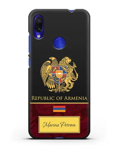 Чехол с гербом и флагом Республики Армения с именем, фамилией на английском языке, красный мрамор силиконовый для Xiaomi Redmi Note 7