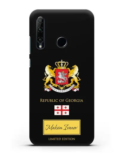 Чехол с гербом и флагом Республики Грузия с именем, фамилией на английском языке силиконовый для Honor 20e