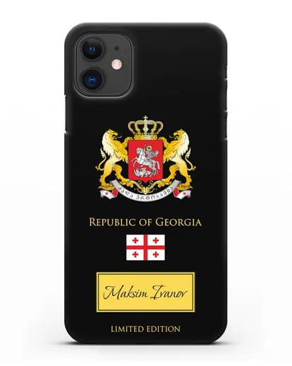 Чехол с гербом и флагом Республики Грузия с именем, фамилией на английском языке силиконовый для iPhone 11
