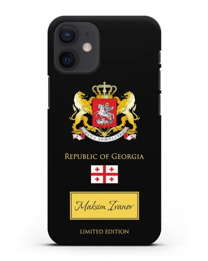 Чехол с гербом и флагом Республики Грузия с именем, фамилией на английском языке силиконовый для iPhone 12 mini