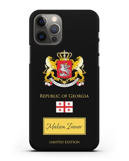 Чехол с гербом и флагом Республики Грузия с именем, фамилией на английском языке силиконовый для iPhone 12 Pro