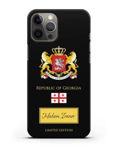 Чехол с гербом и флагом Республики Грузия с именем, фамилией на английском языке силиконовый для iPhone 12 Pro Max