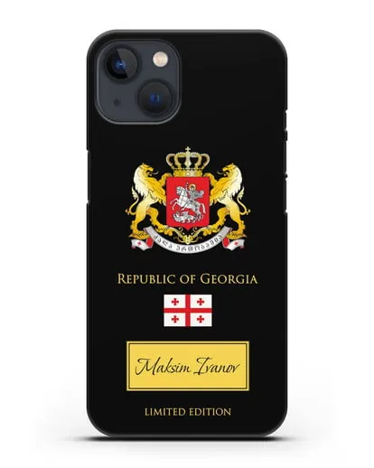 Чехол с гербом и флагом Республики Грузия с именем, фамилией на английском языке силиконовый для iPhone 13 Mini