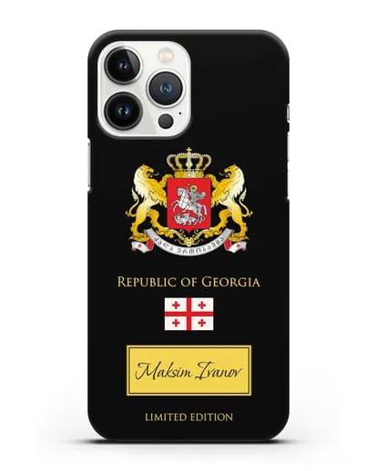 Чехол с гербом и флагом Республики Грузия с именем, фамилией на английском языке силиконовый для iPhone 13 Pro Max