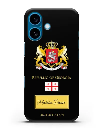 Чехол с гербом и флагом Республики Грузия с именем, фамилией на английском языке силиконовый для iPhone 16