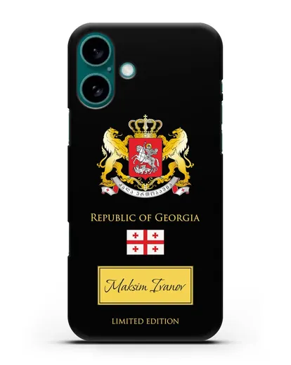Чехол с гербом и флагом Республики Грузия с именем, фамилией на английском языке силиконовый для iPhone 16 Plus