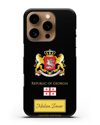 Чехол с гербом и флагом Республики Грузия с именем, фамилией на английском языке силиконовый для iPhone 16 Pro
