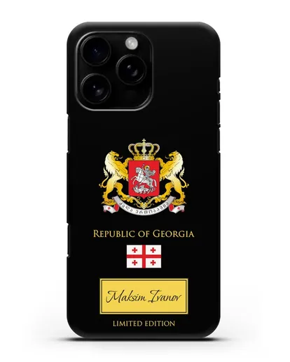Чехол с гербом и флагом Республики Грузия с именем, фамилией на английском языке силиконовый для iPhone 16 Pro Max