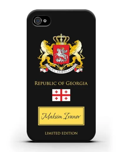 Чехол с гербом и флагом Республики Грузия с именем, фамилией на английском языке силиконовый для iPhone 4/4s