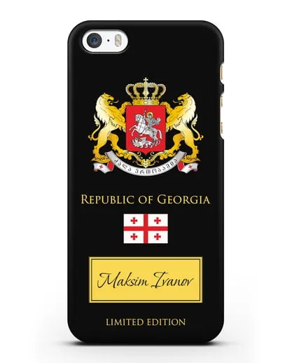 Чехол с гербом и флагом Республики Грузия с именем, фамилией на английском языке силиконовый для iPhone 5/5s/SE