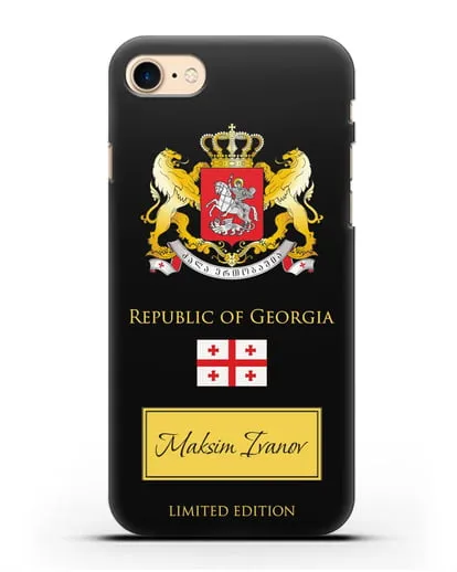 Чехол с гербом и флагом Республики Грузия с именем, фамилией на английском языке силиконовый для iPhone 8