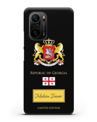 Чехол с гербом и флагом Республики Грузия с именем, фамилией на английском языке силиконовый для Xiaomi Poco F3