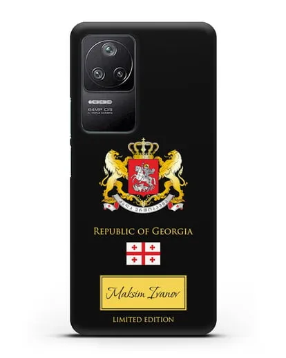Чехол с гербом и флагом Республики Грузия с именем, фамилией на английском языке силиконовый для Xiaomi Poco F4