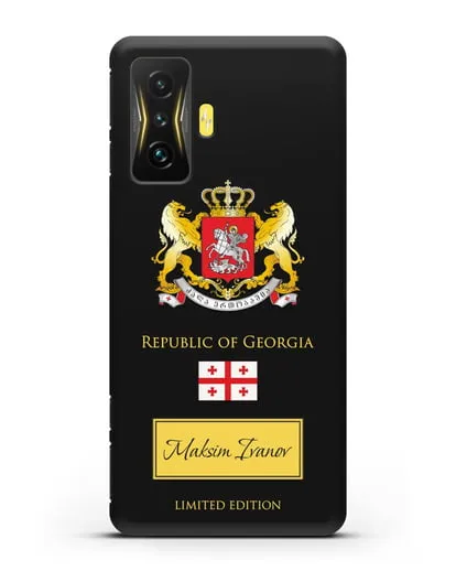 Чехол с гербом и флагом Республики Грузия с именем, фамилией на английском языке силиконовый для Xiaomi Poco F4 GT