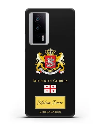 Чехол с гербом и флагом Республики Грузия с именем, фамилией на английском языке силиконовый для Xiaomi Poco F5 Pro