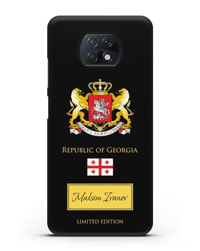 Чехол с гербом и флагом Республики Грузия с именем, фамилией на английском языке силиконовый для Xiaomi Redmi Note 9T