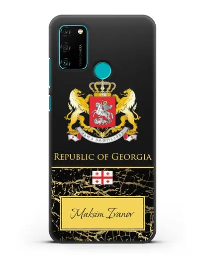 Чехол с гербом и флагом Республики Грузия с именем, фамилией на английском языке, черный мрамор силиконовый для Honor 9A