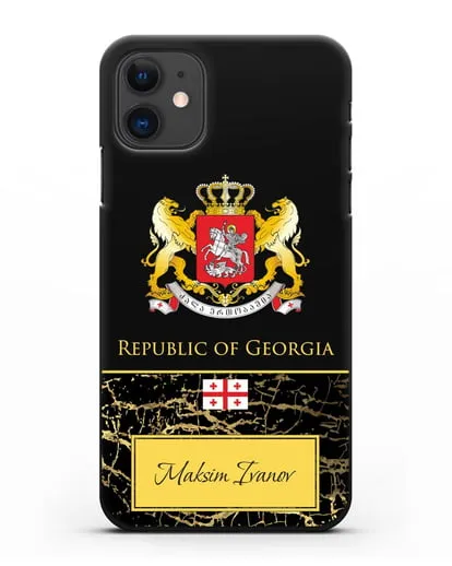 Чехол с гербом и флагом Республики Грузия с именем, фамилией на английском языке, черный мрамор силиконовый для iPhone 11