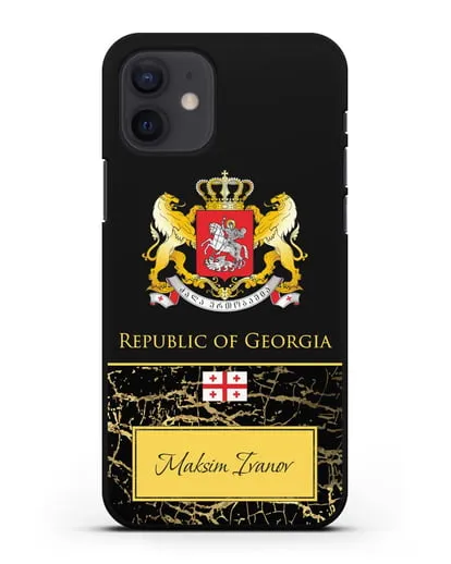 Чехол с гербом и флагом Республики Грузия с именем, фамилией на английском языке, черный мрамор силиконовый для iPhone 12