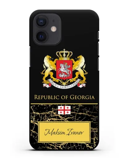 Чехол с гербом и флагом Республики Грузия с именем, фамилией на английском языке, черный мрамор силиконовый для iPhone 12 mini