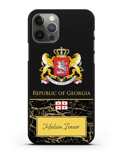 Чехол с гербом и флагом Республики Грузия с именем, фамилией на английском языке, черный мрамор силиконовый для iPhone 12 Pro