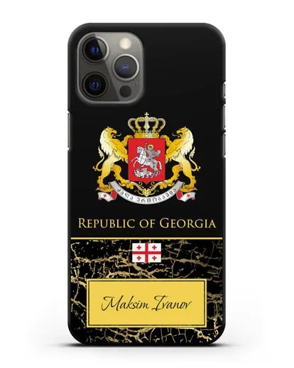 Чехол с гербом и флагом Республики Грузия с именем, фамилией на английском языке, черный мрамор силиконовый для iPhone 12 Pro Max