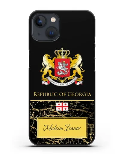 Чехол с гербом и флагом Республики Грузия с именем, фамилией на английском языке, черный мрамор силиконовый для iPhone 13 Mini