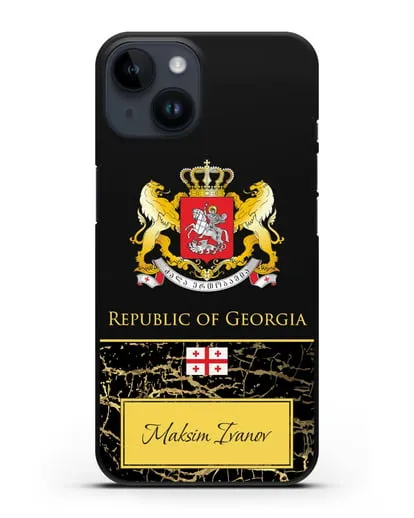 Чехол с гербом и флагом Республики Грузия с именем, фамилией на английском языке, черный мрамор силиконовый для iPhone 14