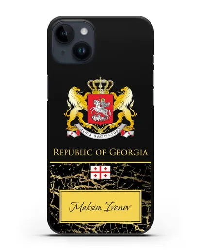 Чехол с гербом и флагом Республики Грузия с именем, фамилией на английском языке, черный мрамор силиконовый для iPhone 14 Plus