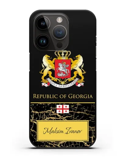 Чехол с гербом и флагом Республики Грузия с именем, фамилией на английском языке, черный мрамор силиконовый для iPhone 14 Pro