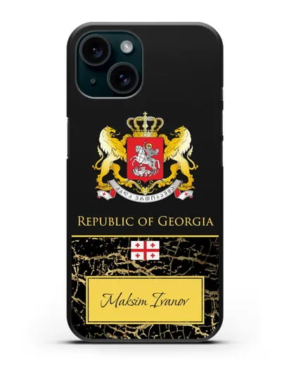 Чехол с гербом и флагом Республики Грузия с именем, фамилией на английском языке, черный мрамор силиконовый для iPhone 15