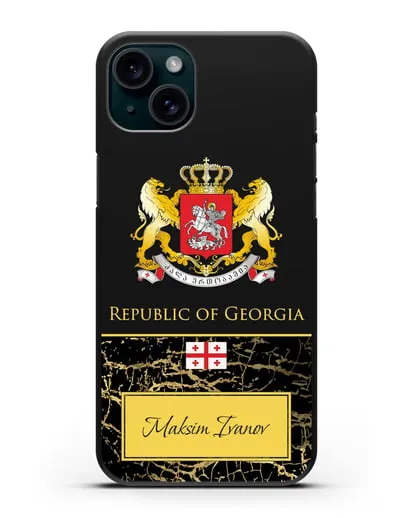 Чехол с гербом и флагом Республики Грузия с именем, фамилией на английском языке, черный мрамор силиконовый для iPhone 15 Plus