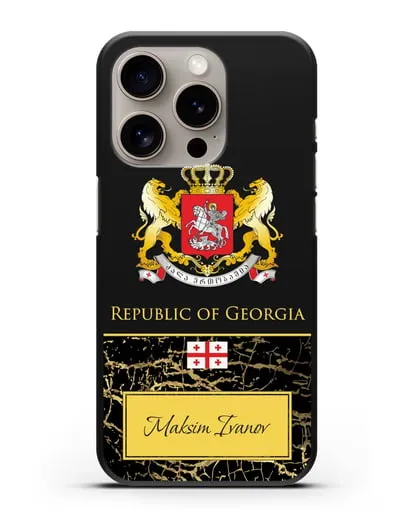 Чехол с гербом и флагом Республики Грузия с именем, фамилией на английском языке, черный мрамор силиконовый для iPhone 15 Pro